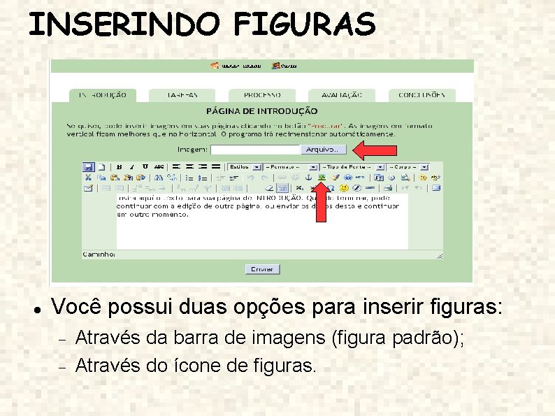 INSERINDO FIGURAS Você possui duas opções para inserir figuras: Através da barra de imagens