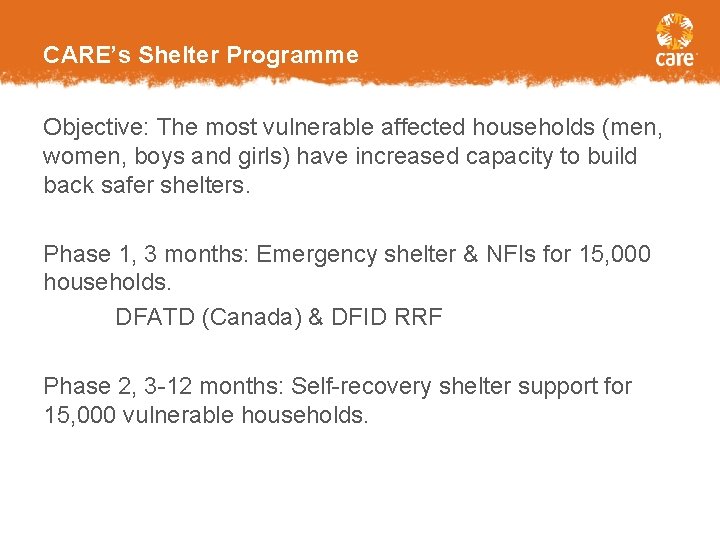 CARE’s Shelter Programme Objective: The most vulnerable affected households (men, women, boys and girls)