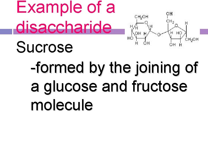 Example of a disaccharide Sucrose -formed by the joining of a glucose and fructose Example of a disaccharide Sucrose -formed by the joining of a glucose and fructose