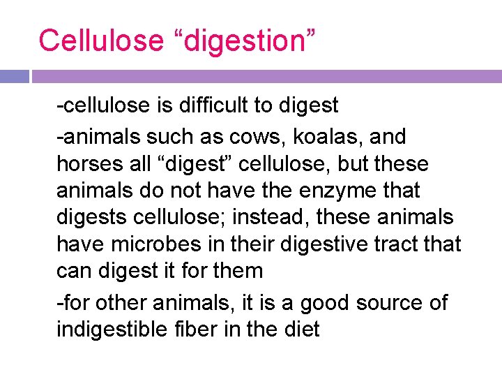 Cellulose “digestion” -cellulose is difficult to digest -animals such as cows, koalas, and horses