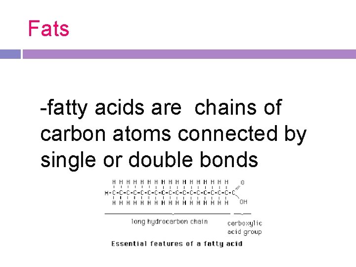 Fats -fatty acids are chains of carbon atoms connected by single or double bonds Fats -fatty acids are chains of carbon atoms connected by single or double bonds