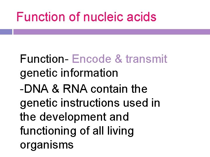 Function of nucleic acids Function- Encode & transmit genetic information -DNA & RNA contain Function of nucleic acids Function- Encode & transmit genetic information -DNA & RNA contain