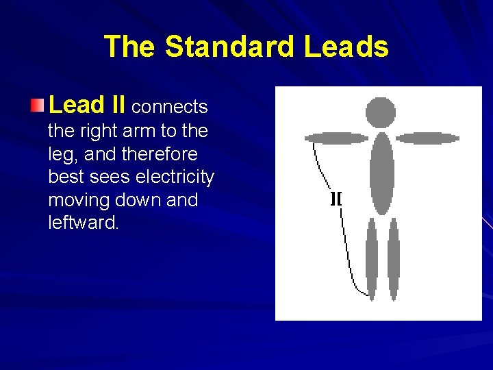 The Standard Leads Lead II connects the right arm to the leg, and therefore