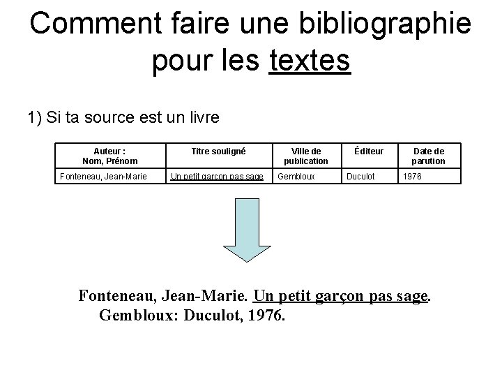 Comment faire une bibliographie pour les textes 1) Si ta source est un livre