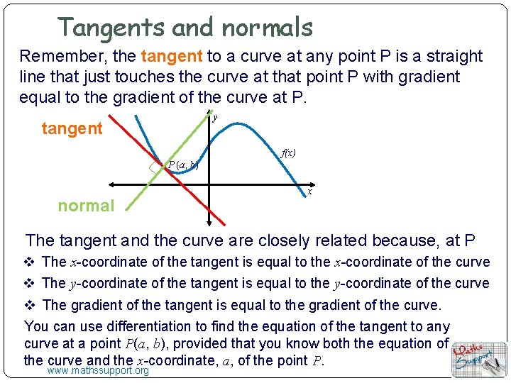 Tangents and normals Remember, the tangent to a curve at any point P is