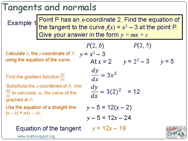 Tangents and normals Example 1 Point P has an x-coordinate 2. Find the equation