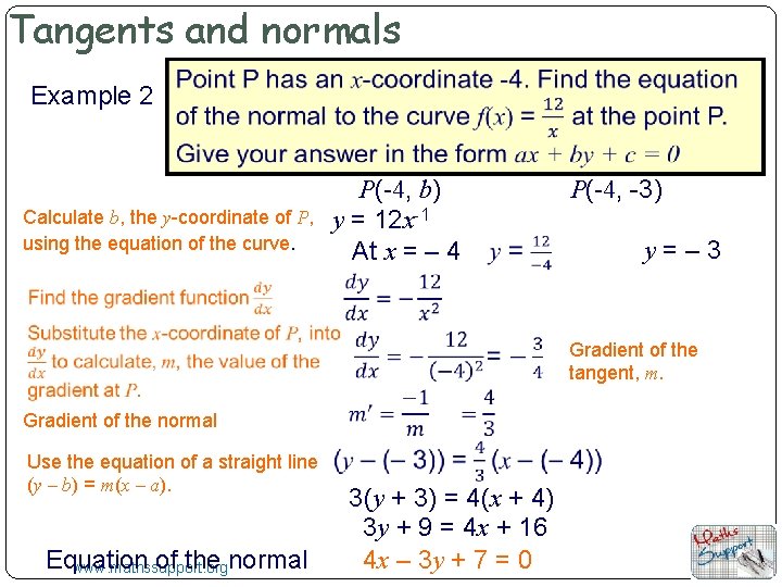 Tangents and normals Example 2 Calculate b, the y-coordinate of P, using the equation