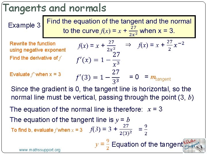 Tangents and normals Example 3 Rewrite the function using negative exponent ⇒ Find the