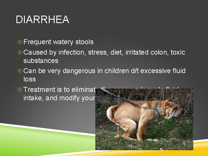 DIARRHEA Frequent watery stools Caused by infection, stress, diet, irritated colon, toxic substances Can