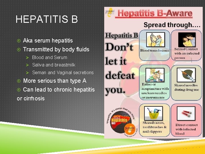 HEPATITIS B Aka serum hepatitis Transmitted by body fluids Ø Blood and Serum Ø