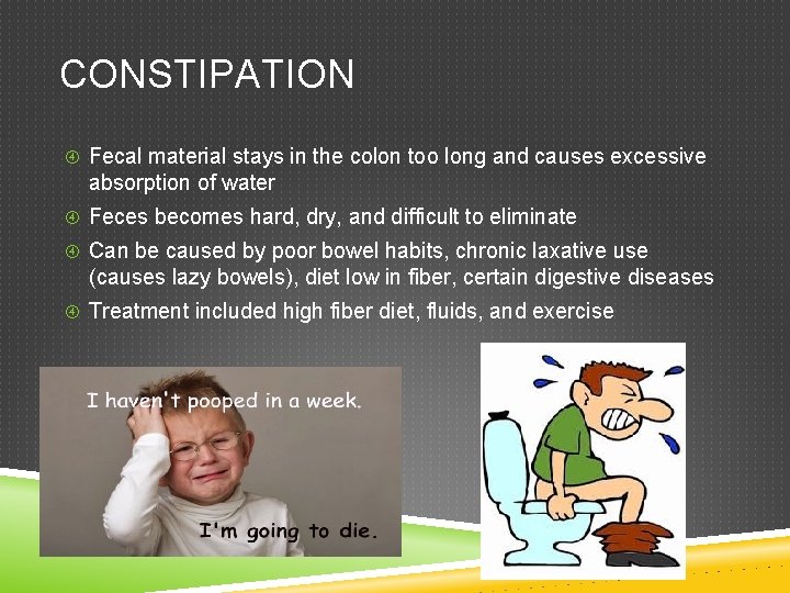 CONSTIPATION Fecal material stays in the colon too long and causes excessive absorption of