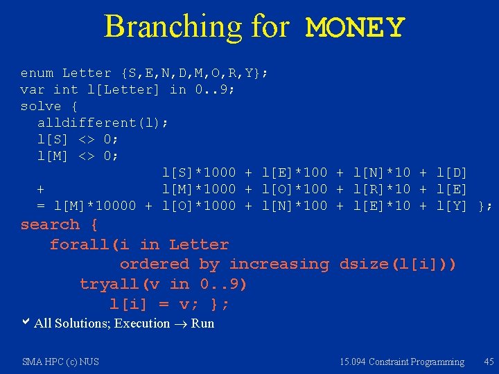 Branching for MONEY enum Letter {S, E, N, D, M, O, R, Y}; var