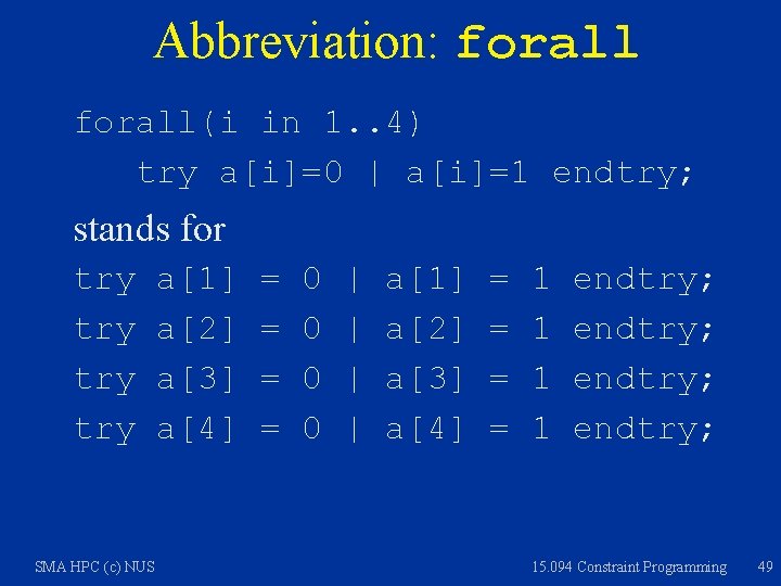 Abbreviation: forall(i in 1. . 4) try a[i]=0 | a[i]=1 endtry; stands for try
