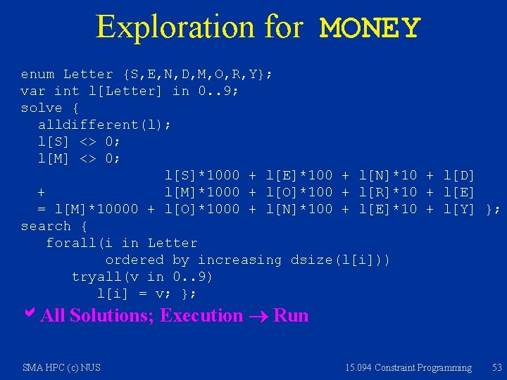Exploration for MONEY enum Letter {S, E, N, D, M, O, R, Y}; var