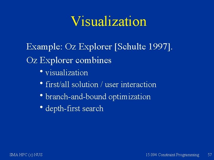 Visualization Example: Oz Explorer [Schulte 1997]. Oz Explorer combines hvisualization hfirst/all solution / user