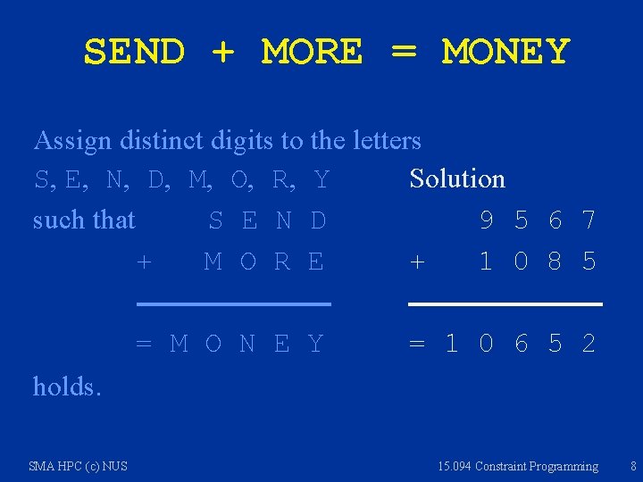 SEND + MORE = MONEY Assign distinct digits to the letters S, E, N,
