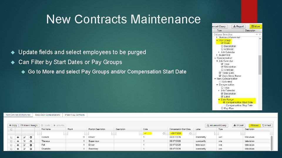 New Contracts Maintenance Update fields and select employees to be purged Can Filter by