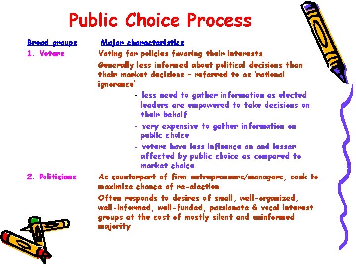 Public Choice Process Broad groups 1. Voters 2. Politicians Major characteristics Voting for policies