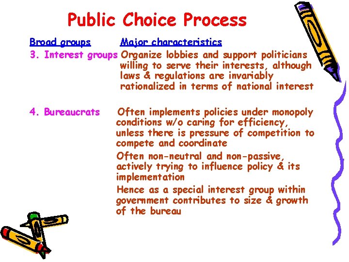Public Choice Process Broad groups Major characteristics 3. Interest groups Organize lobbies and support