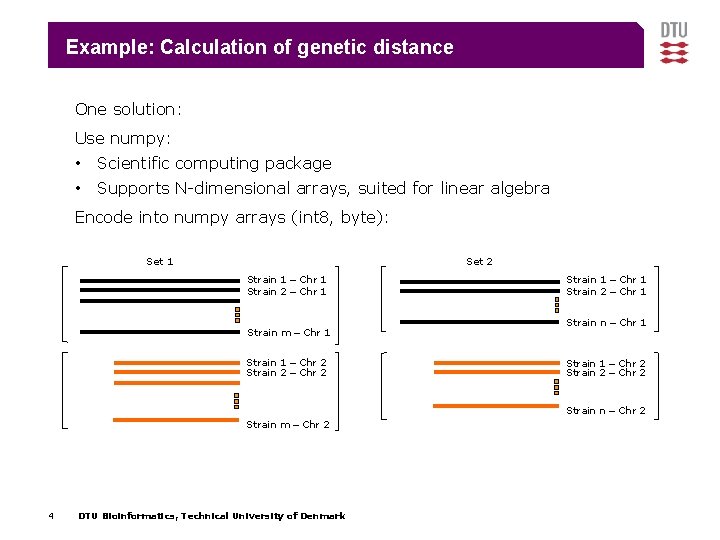 Example: Calculation of genetic distance One solution: Use numpy: • Scientific computing package • Example: Calculation of genetic distance One solution: Use numpy: • Scientific computing package •