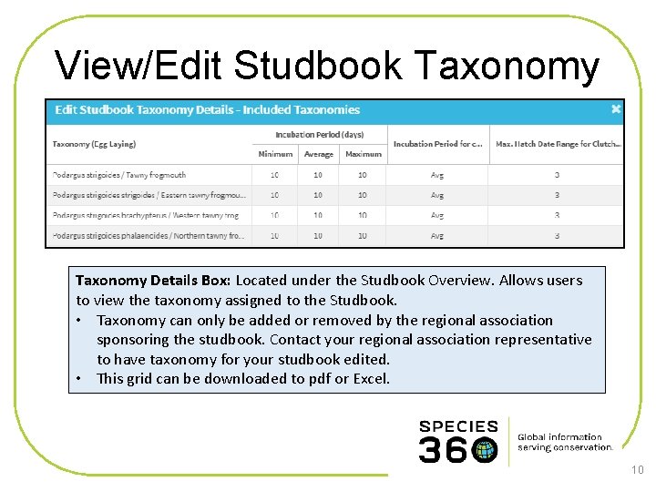 View/Edit Studbook Taxonomy Details Box: Located under the Studbook Overview. Allows users to view
