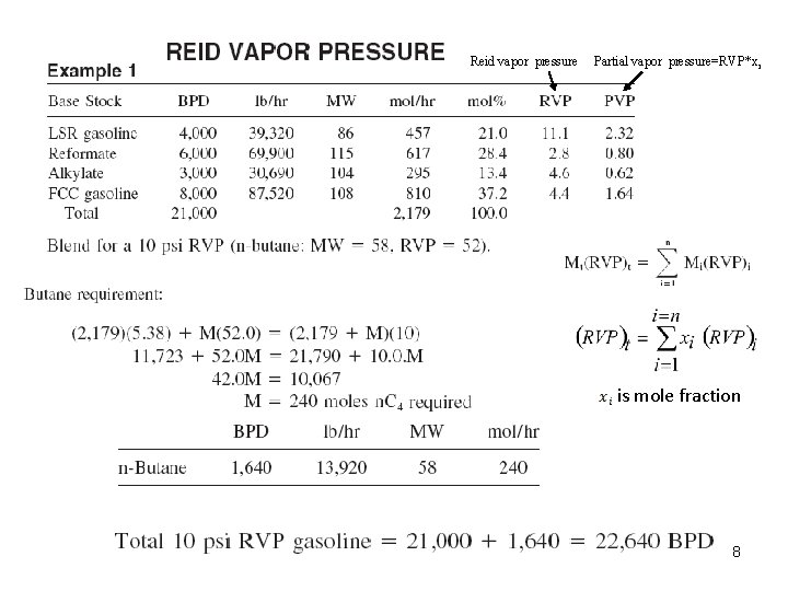 Reid vapor pressure Partial vapor pressure=RVP*xi is mole fraction 8 