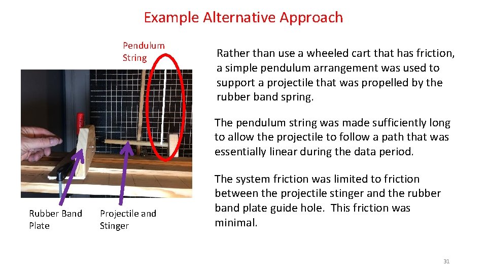 Example Alternative Approach Pendulum String Rather than use a wheeled cart that has friction,