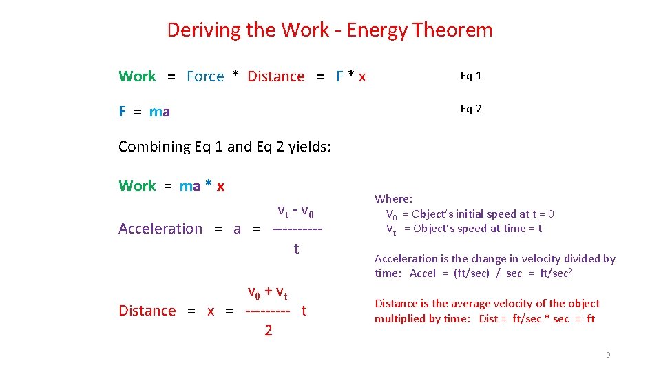 Deriving the Work - Energy Theorem Work = Force * Distance = F *
