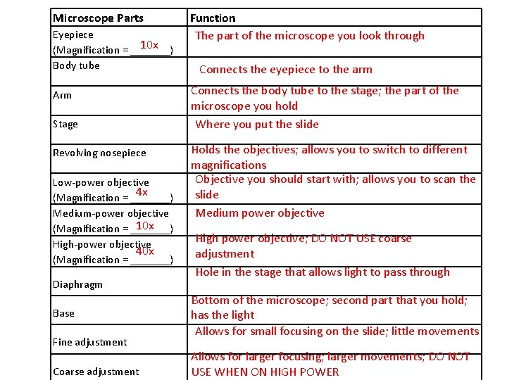 Microscope Parts Eyepiece 10 x (Magnification = _______) Body tube Arm Stage Revolving nosepiece