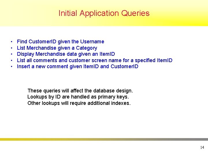 Initial Application Queries • • • Find Customer. ID given the Username List Merchandise