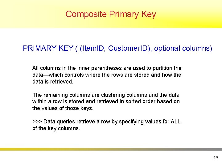 Composite Primary Key PRIMARY KEY ( (Item. ID, Customer. ID), optional columns) All columns