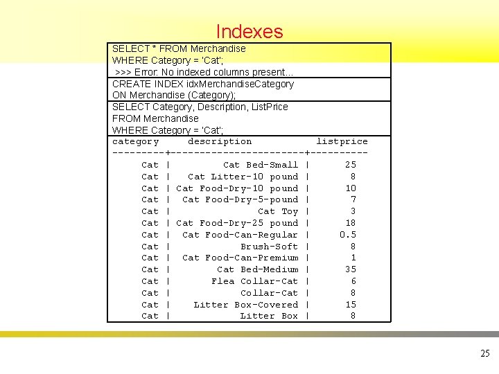 Indexes SELECT * FROM Merchandise WHERE Category = ‘Cat’; >>> Error: No indexed columns