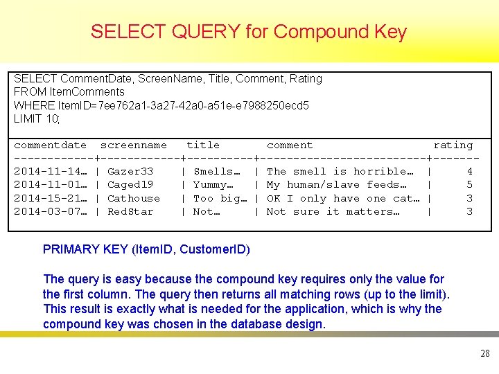 SELECT QUERY for Compound Key SELECT Comment. Date, Screen. Name, Title, Comment, Rating FROM