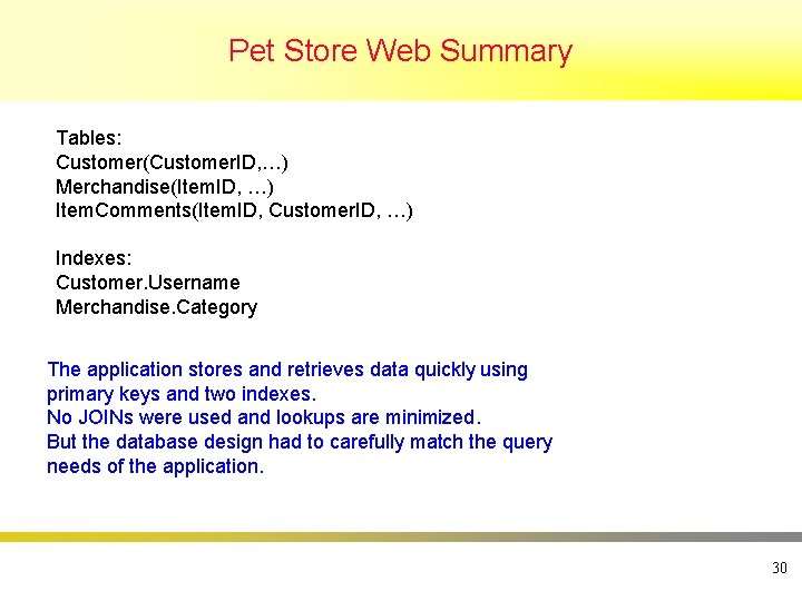 Pet Store Web Summary Tables: Customer(Customer. ID, …) Merchandise(Item. ID, …) Item. Comments(Item. ID,