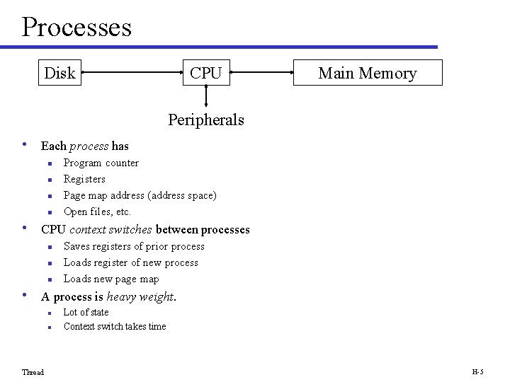 Processes Disk CPU Main Memory Peripherals • Each process has n n Program counter