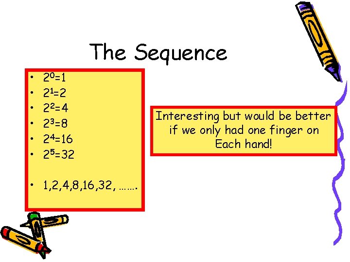 The Sequence • • • 20=1 21=2 22=4 23=8 24=16 25=32 • 1, 2,