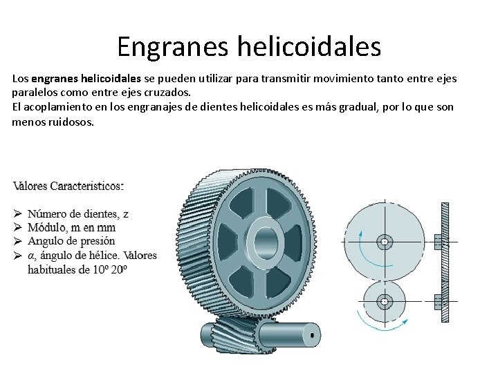 Engranes helicoidales Los engranes helicoidales se pueden utilizar para transmitir movimiento tanto entre ejes