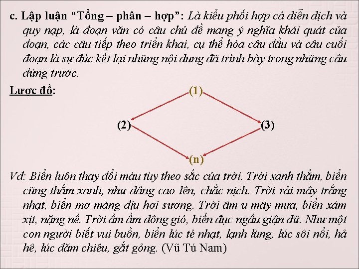 c. Lập luận “Tổng – phân – hợp”: Là kiểu phối hợp cả diễn