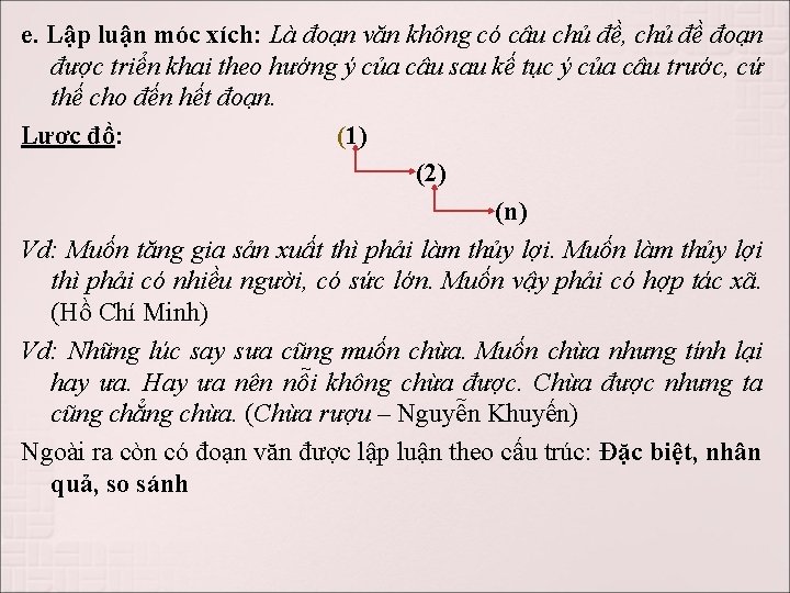 e. Lập luận móc xích: Là đoạn văn không có câu chủ đề, chủ