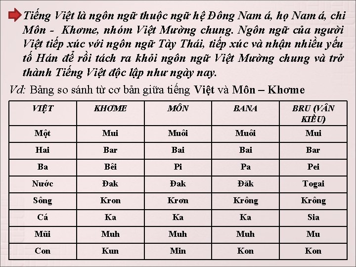 Tiếng Việt là ngôn ngữ thuộc ngữ hệ Đông Nam á, họ Nam á,