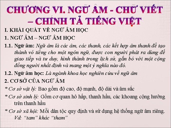 CHƯƠNG VI. NGỮ M - CHỮ VIẾT – CHÍNH TẢ TIẾNG VIỆT I. KHÁI