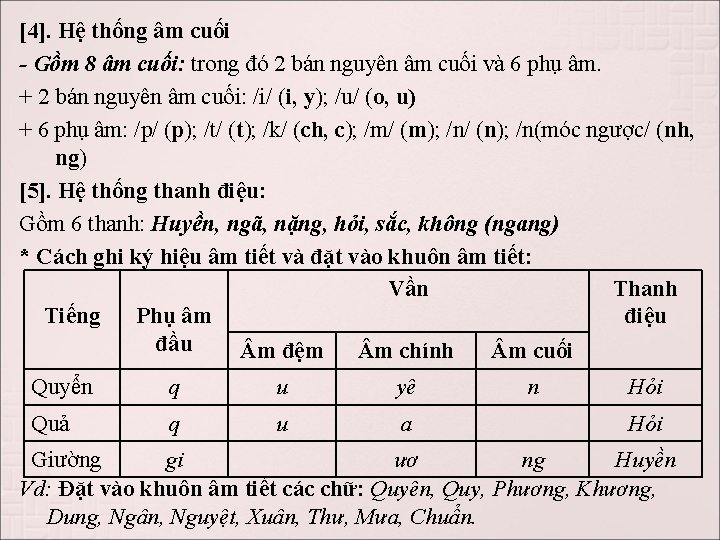 [4]. Hệ thống âm cuối - Gồm 8 âm cuối: trong đó 2 bán