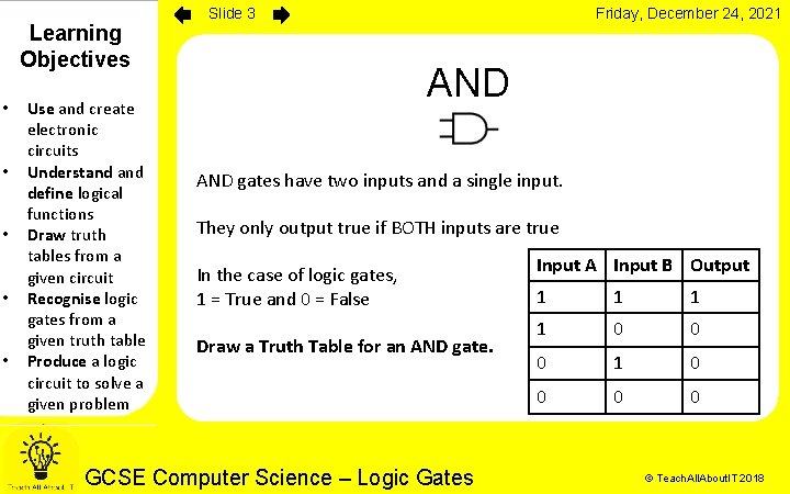 Learning Objectives • • • Use and create electronic circuits Understand define logical functions Learning Objectives • • • Use and create electronic circuits Understand define logical functions