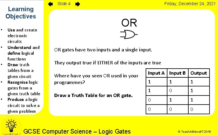 Learning Objectives • • • Use and create electronic circuits Understand define logical functions Learning Objectives • • • Use and create electronic circuits Understand define logical functions