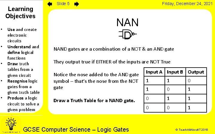 Learning Objectives • • • Use and create electronic circuits Understand define logical functions Learning Objectives • • • Use and create electronic circuits Understand define logical functions