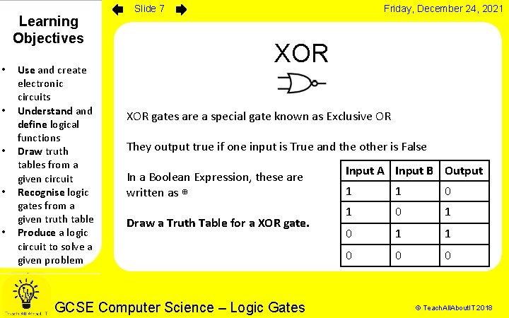 Learning Objectives • • • Use and create electronic circuits Understand define logical functions Learning Objectives • • • Use and create electronic circuits Understand define logical functions