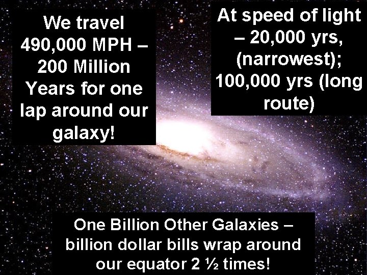 We travel 490, 000 MPH – 200 Million Years for one lap around our