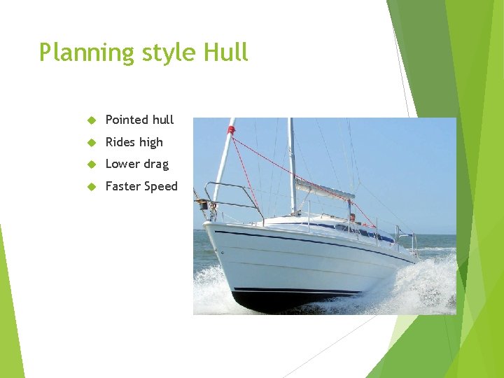 Planning style Hull Pointed hull Rides high Lower drag Faster Speed 