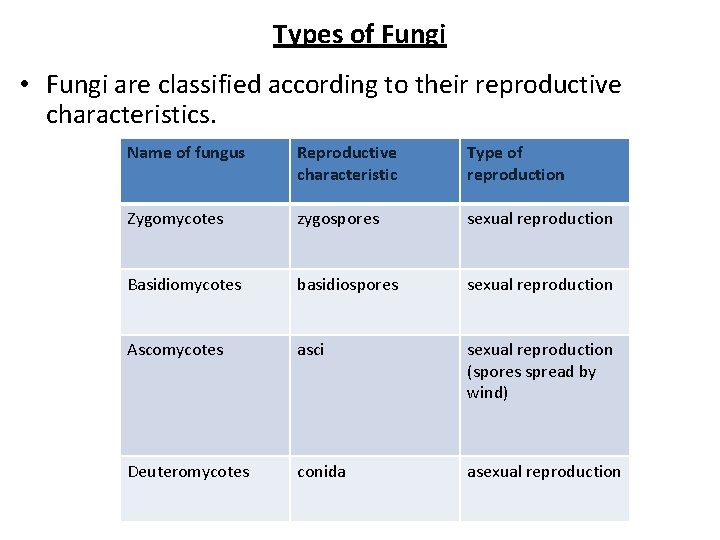Types of Fungi • Fungi are classified according to their reproductive characteristics. Name of