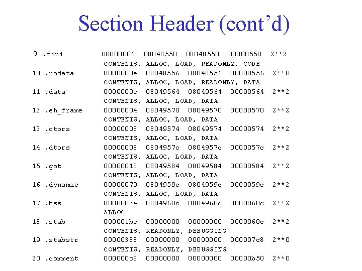 Section Header (cont’d) 9. fini 10. rodata 11. data 12. eh_frame 13. ctors 14.